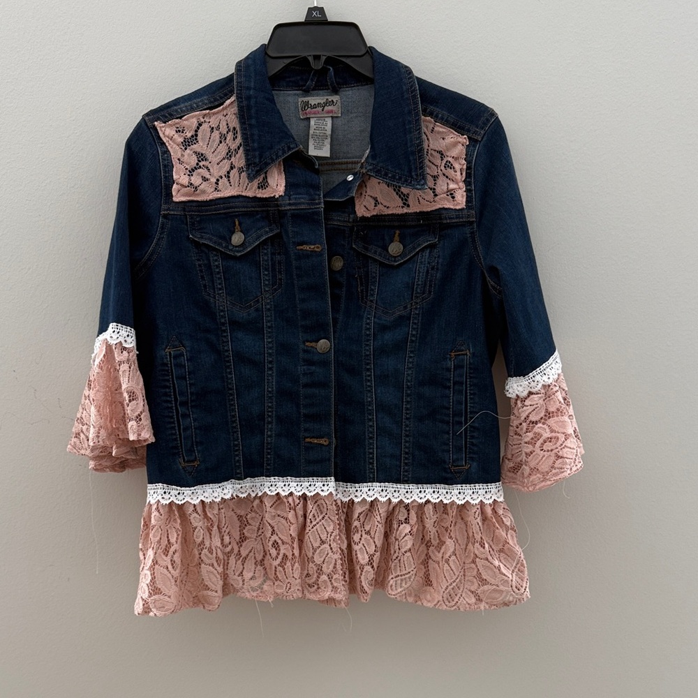 Wrangler Blue and Pink Lace Jean Jacket.  #Boho #upcycled